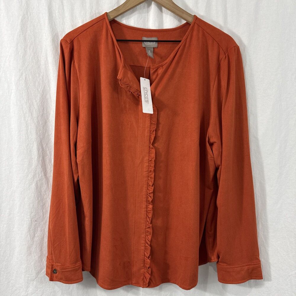 Chicos Faux Suede Ruffle Orange Popover Top Womens Sz XL Western Cowgirl Fall